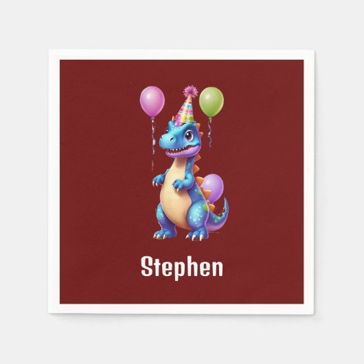 かわいい青い誕生日の恐竜 スタンダードカクテルナプキン (正面)