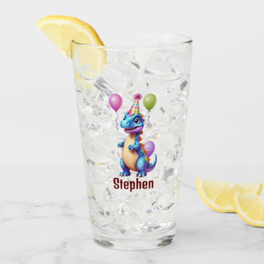 かわいい青い誕生日の恐竜 タンブラーグラス (アイス正面)
