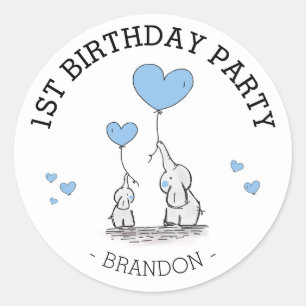 かわいい青い象とハート 男の子1歳の誕生日 ラウンドシール
