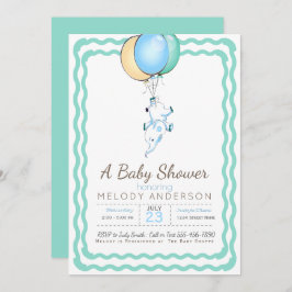 かわいい青い象と風船の赤ちゃんシャワー 招待状
