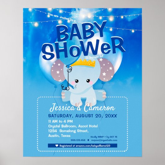 かわいい青い象と風船の赤ちゃんパーティーのフライヤー ポスター (正面)