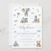 かわいい青い象のおもちゃの男の赤ちゃんシャワー招待状 招待状 (正面)
