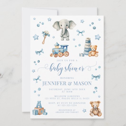 かわいい青い象のおもちゃの男の赤ちゃんシャワー招待状 招待状 (正面)