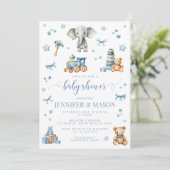 かわいい青い象のおもちゃの男の赤ちゃんシャワー招待状 招待状 (スタンド正面)