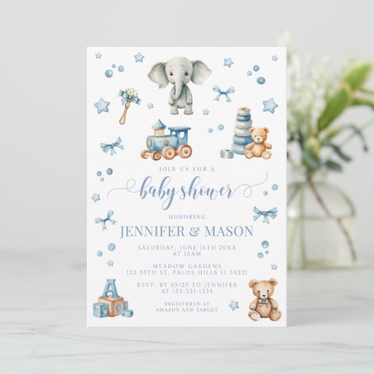 かわいい青い象のおもちゃの男の赤ちゃんシャワー招待状 招待状 (スタンド正面)