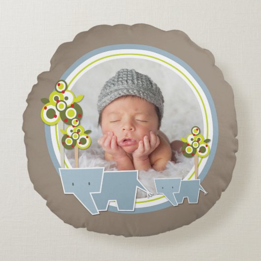かわいい青い象の森の男の赤ちゃん写真 ラウンドクッション (正面)