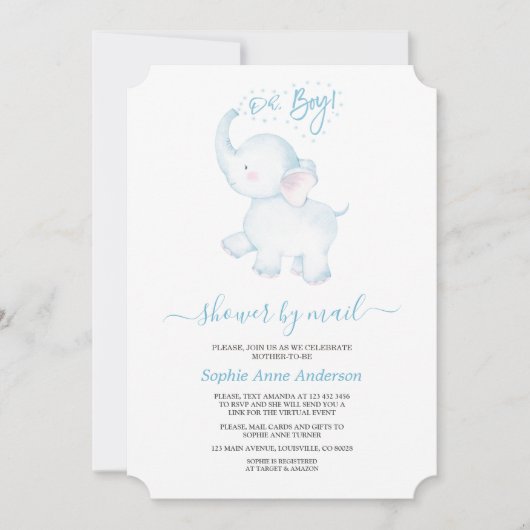 かわいい青い象の男の子の赤ちゃんシャワー郵便 招待状 (正面)