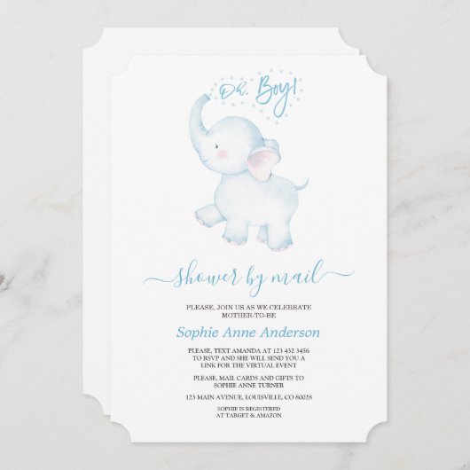 かわいい青い象の男の子の赤ちゃんシャワー郵便 招待状 (正面/裏面)
