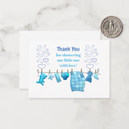 かわいい青い赤ちゃん服のサンキューカード ノートカード (正面/裏面インサイチュ)