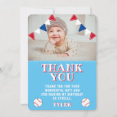 かわいい青い野球の子供の写真誕生日 サンキューカード (正面)