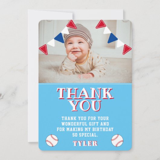 かわいい青い野球の子供の写真誕生日 サンキューカード (正面)