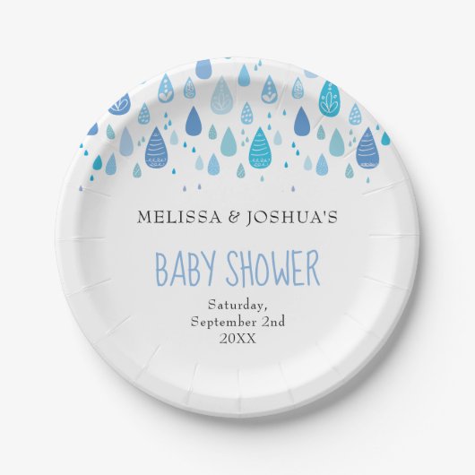 かわいい青い雨滴カップル赤ちゃんシャワー散水 ペーパープレート (正面)