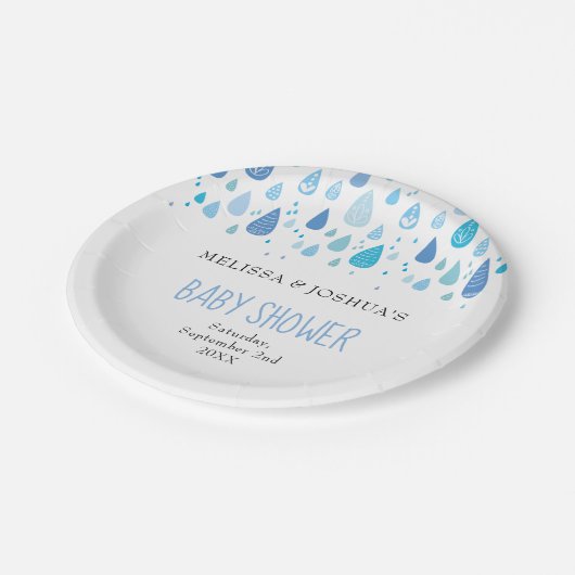 かわいい青い雨滴カップル赤ちゃんシャワー散水 ペーパープレート (アングル)