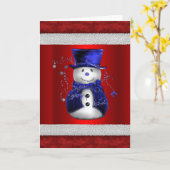 かわいい青い雪だるまが赤いクリスマスにいる カード (黄色い花)