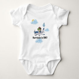 かわいい青い飛行機恐竜の男の子 1歳の誕生日 ベビーボディスーツ