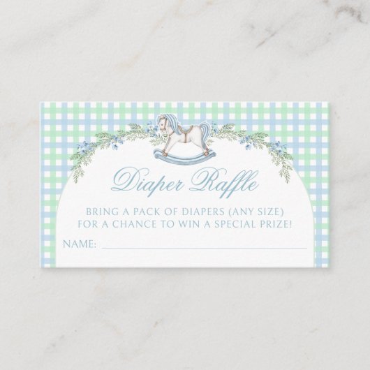 かわいい青い馬の赤ちゃんシャワーおむつラッフル エンクロージャーカード (正面)