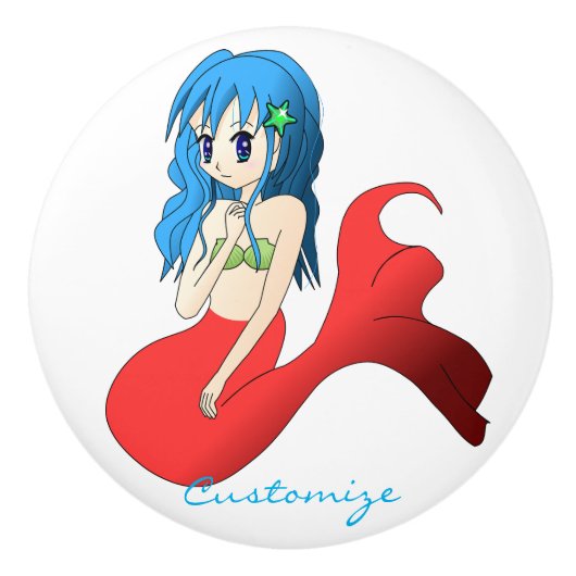 かわいい青い髪のマーメイドサンダー_コーブ セラミックノブ (正面)