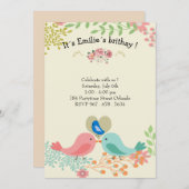 かわいい青い鳥のバースデーパーティ招待状 招待状 (正面/裏面)