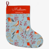 かわいい青い鳥のパターンのクリスマスの休日の名前 ラージクリスマスストッキング (正面)