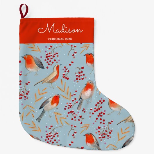 かわいい青い鳥のパターンのクリスマスの休日の名前 ラージクリスマスストッキング (正面)