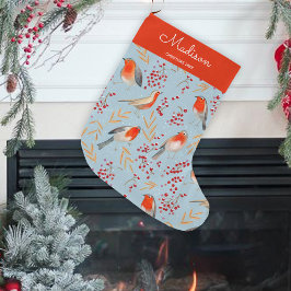 かわいい青い鳥の模様のクリスマスホリデー名前 ラージクリスマスストッキング