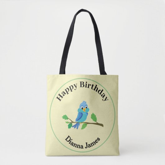 かわいい青い鳥の誕生日名前デザイン トートバッグ (正面)