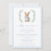 かわいい青うさぎバニー男の赤ちゃんシャワー招待 招待状 (正面)