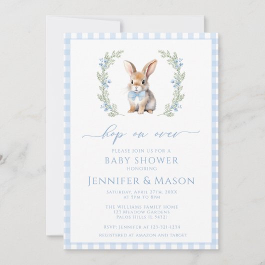 かわいい青うさぎバニー男の赤ちゃんシャワー招待 招待状 (正面)