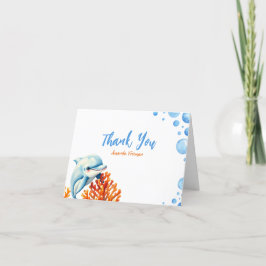 かわいい青とオレンジのサンゴイルカの子供の誕生日 サンキューカード