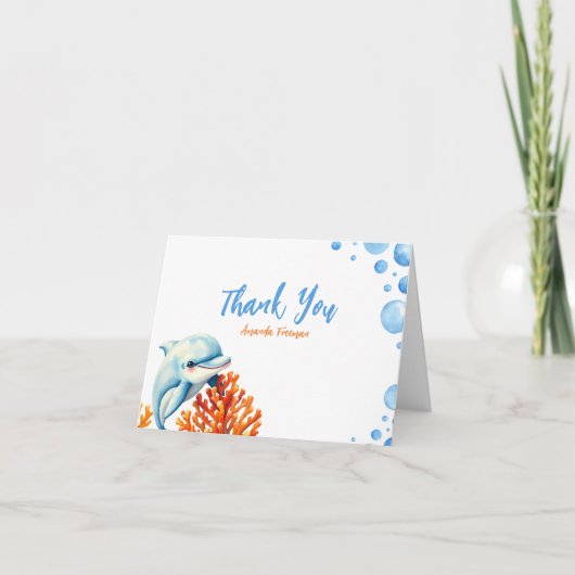 かわいい青とオレンジのサンゴイルカの子供の誕生日 サンキューカード (正面)