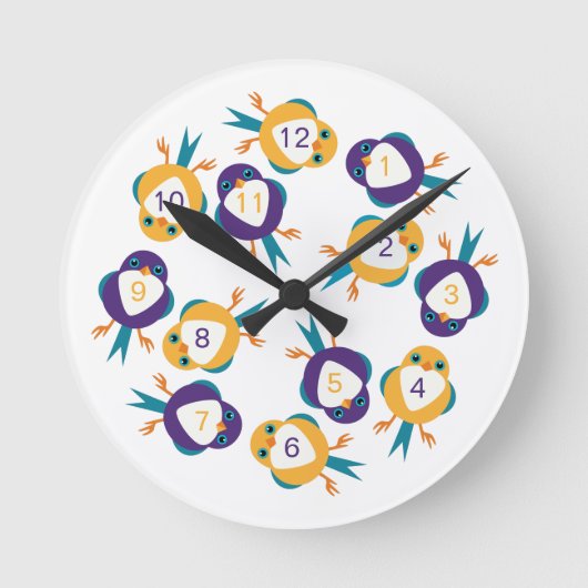 かわいい青とオレンジの鳥の壁時計 ラウンド壁時計 (正面)
