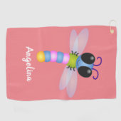 かわいい青とピンクのトンボ漫画イラストレーション ゴルフタオル (横)