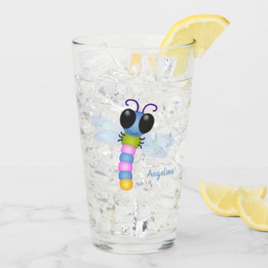 かわいい青とピンクのトンボ漫画イラストレーション タンブラーグラス (アイス裏面)