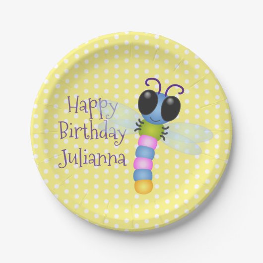 かわいい青とピンクのトンボ漫画イラストレーション ペーパープレート (正面)