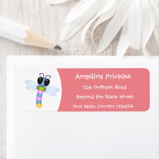 かわいい青とピンクのトンボ漫画イラストレーション ラベル (インサイチュ)