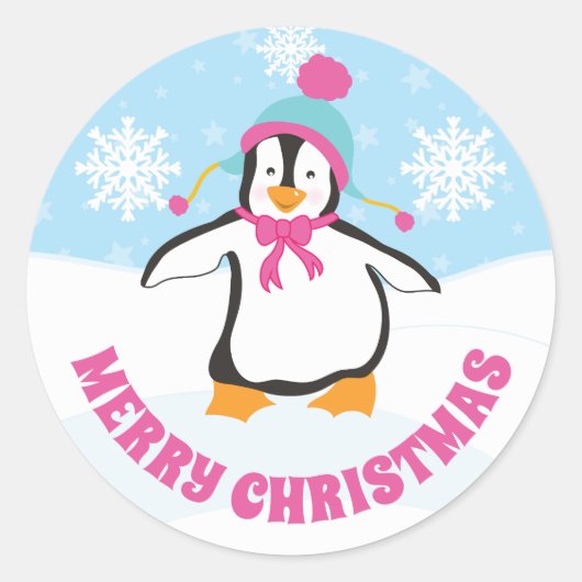かわいい青とピンクの帽子クリスマスぺんぎん ラウンドシール (正面)