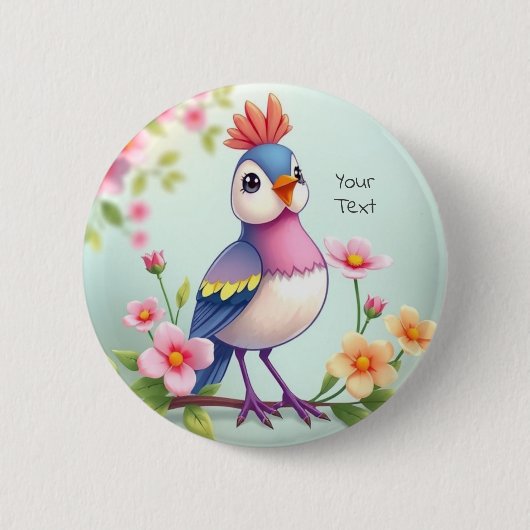 かわいい青とピンクの鳥の花のボタン 缶バッジ (正面)