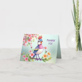 かわいい青とピンクの鳥の花柄のお礼カード サンキューカード