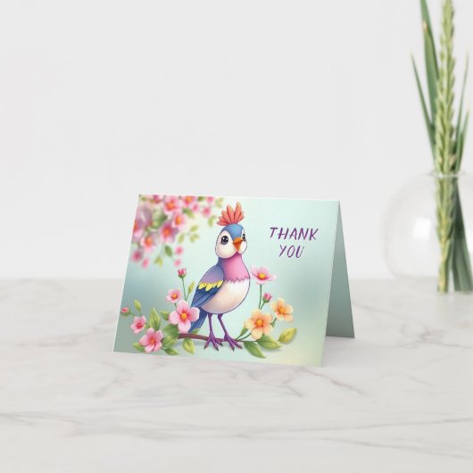 かわいい青とピンクの鳥の花柄のお礼カード サンキューカード (正面)