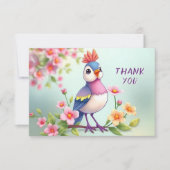 かわいい青とピンクの鳥の花柄の感謝カード サンキューカード (正面)