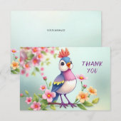 かわいい青とピンクの鳥の花柄の感謝カード サンキューカード (正面/裏面)