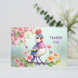 かわいい青とピンクの鳥の花柄の感謝カード サンキューカード