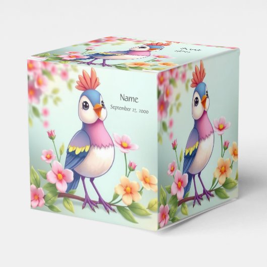 かわいい青とピンクの鳥の花柄ギフトボックス フェイバーボックス (正面サイド)