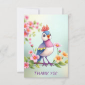 かわいい青とピンクの鳥の花柄サンクスカード サンキューカード (正面)