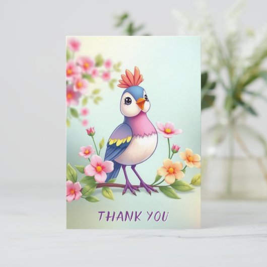 かわいい青とピンクの鳥の花柄サンクスカード サンキューカード (スタンド正面)