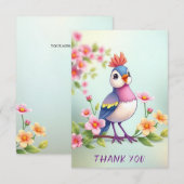 かわいい青とピンクの鳥の花柄サンクスカード サンキューカード (正面/裏面)