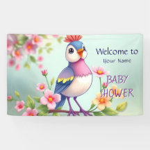 かわいい青とピンクの鳥の花柄ベビーシャワーバナー
