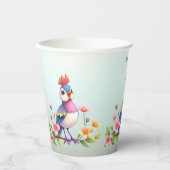 かわいい青とピンクの鳥の花柄ペーパークリップ 紙コップ (正面)