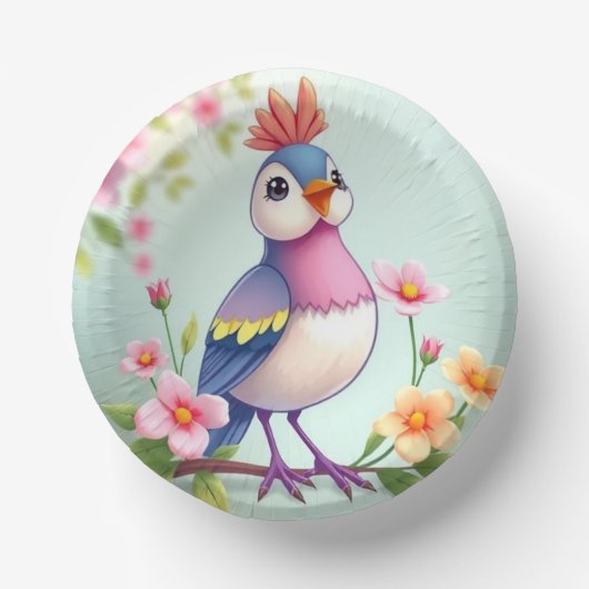 かわいい青とピンクの鳥の花柄ペーパーボウル ペーパーボウル (正面)