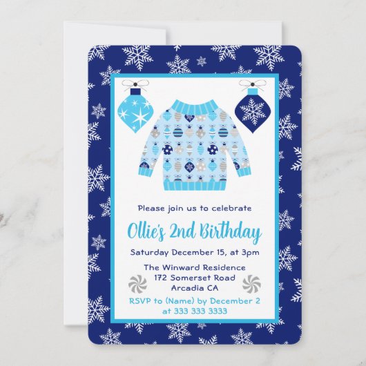 かわいい青と灰のクリスマスジャンパー誕生日 招待状 (正面)